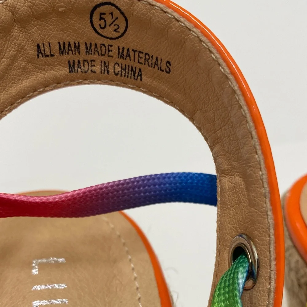 Liliana Orange Dopamine Wedge Espadrille with Multicolor Straps Size 5.5